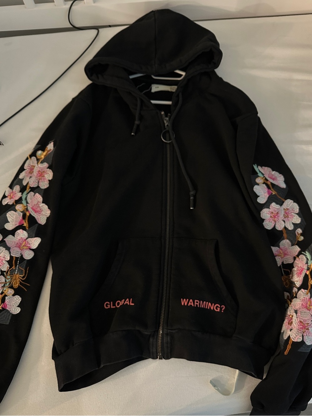 Off-White Black Zip Hoodie with Pink Floral Sleeve Embroidery